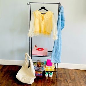 NWT- Zara Combination Yellow Organza Long Sleeve Knit Top with Peter Pan Collar